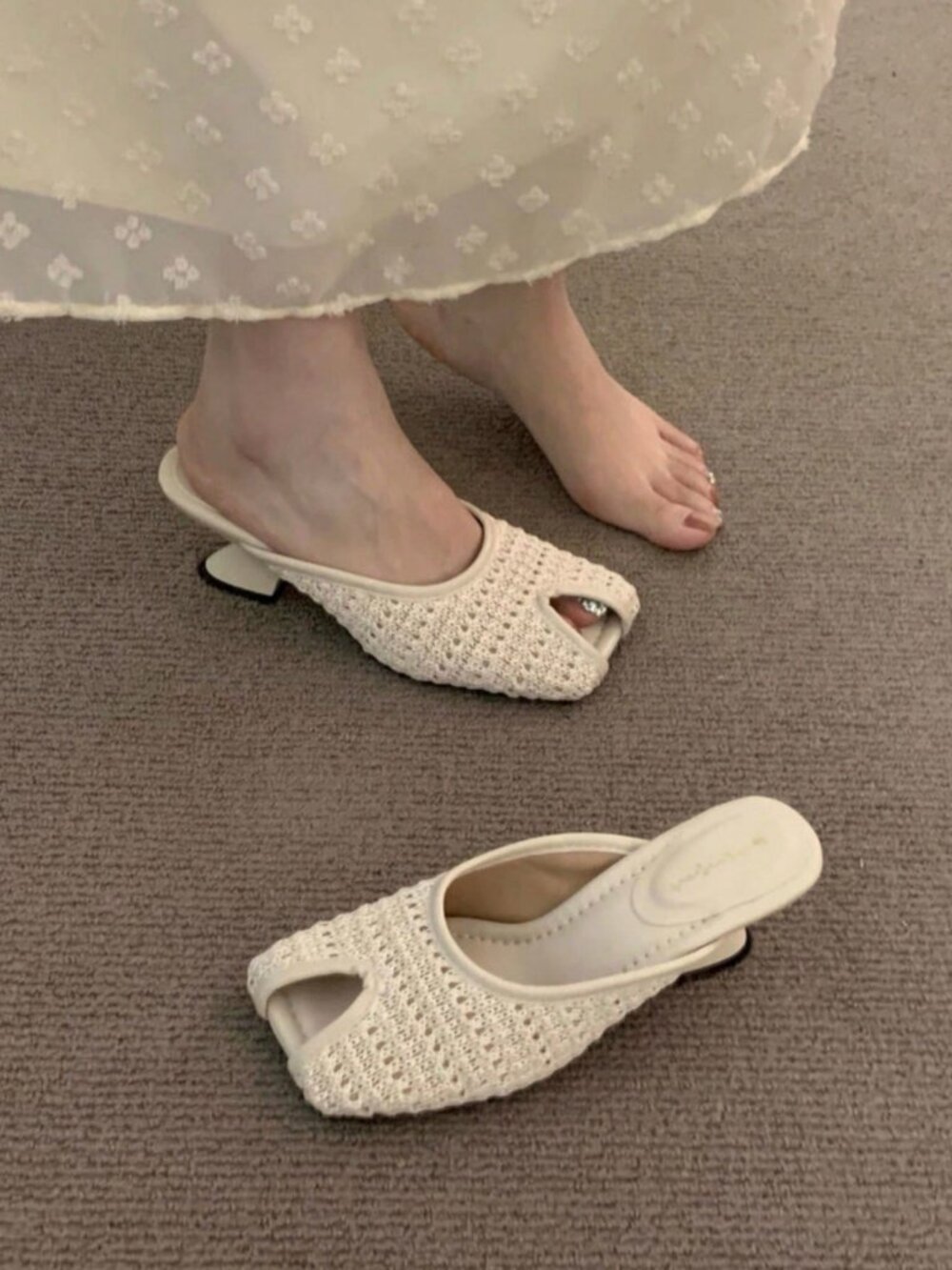 Beige Bohemian Women's Woven contemporary Heel peep Toe Sandals - Picture 6 of 6